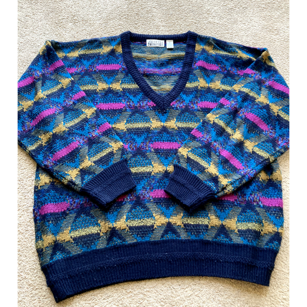 VTG City Streets Sweater XL Striped Colorful V-Neck